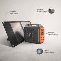 300-Watt Portable Solar Generator W/ Foldable 60-Watt Monocrystalline Solar Panel and 280Wh for Camping, RV, Outdoor Use — infographic