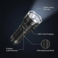 B400 Rechargeable Flashlights 16000 High Lumens, 3280Ft Long Range, Super Bright LED Flashlight Type C Charged, 6 Modes Long Lasting 210 Hours, IPX8 Waterproof for Emergencies, Camping — infographic