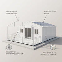 Expandable Tiny House Designed for Self-Sufficient Living, Steel Frame, EPS Insulation, Sandwich Panel Walls — infographic