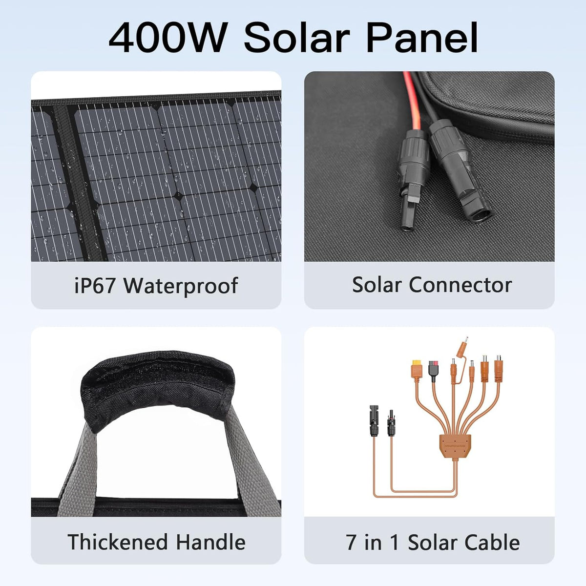 400W Portable Solar Panel, Lightweight Foldable Solar Panels Complete with an Adjustable Kickstand, IP67 Waterproof Solar Charger for Outdoor Camping, Portable Power Station, Motorhome, RV
